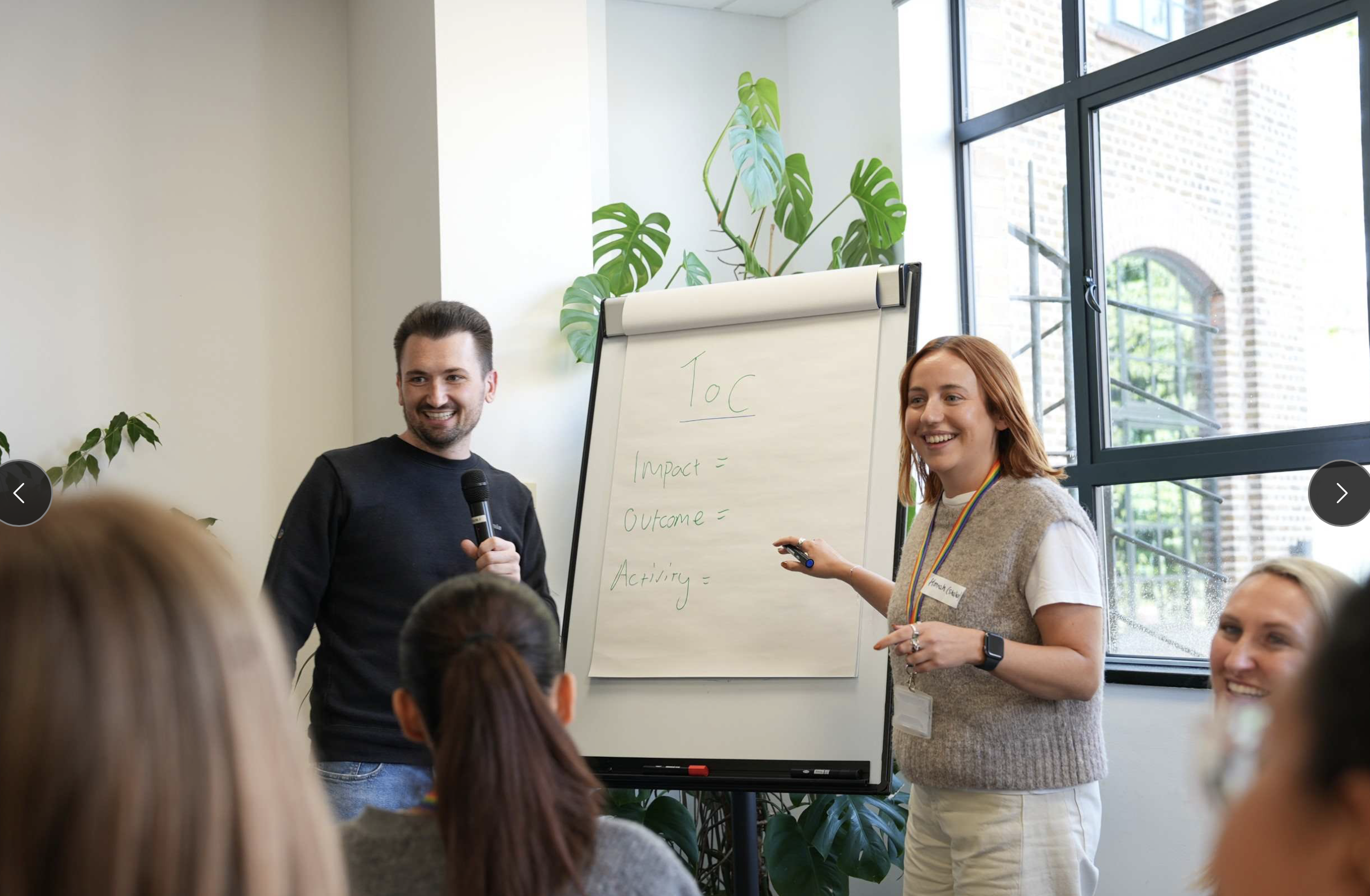 An image showing two people standing beside a flipchart. They are working with a small group and writing down ideas using a green pen.